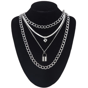 Layered punk chain necklace lock pendant necklace women men choker metal padlock chains goth jewelry grunge aesthetic accessory