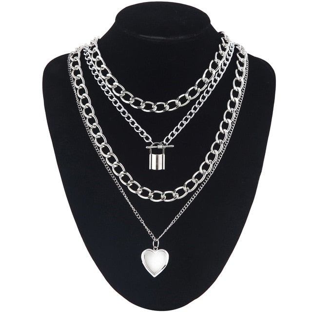 Layered punk chain necklace lock pendant necklace women men choker metal padlock chains goth jewelry grunge aesthetic accessory