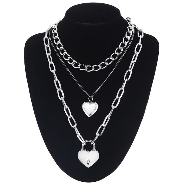 Layered punk chain necklace lock pendant necklace women men choker metal padlock chains goth jewelry grunge aesthetic accessory