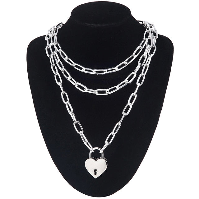 Layered punk chain necklace lock pendant necklace women men choker metal padlock chains goth jewelry grunge aesthetic accessory
