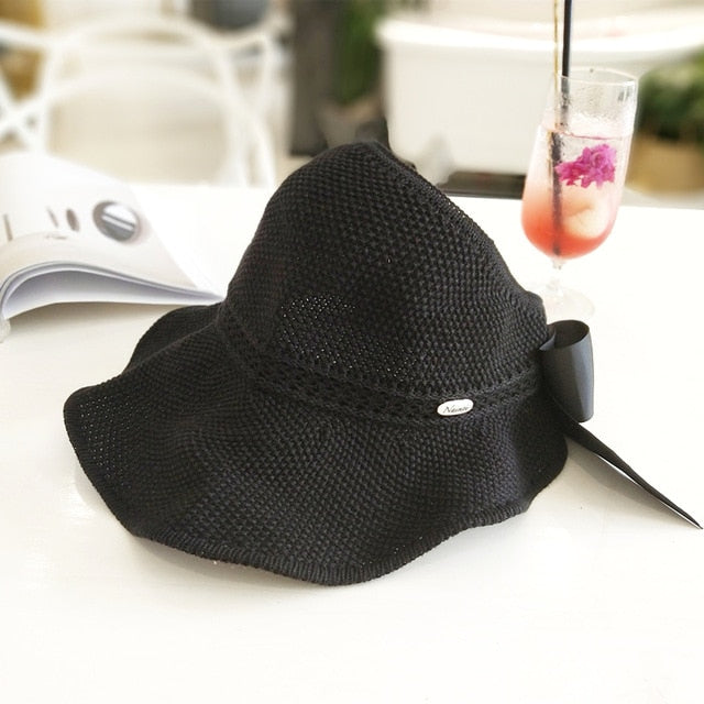 Fashion Bow Sun Hats Women Ponytail Sun Cap Ribbon Knitted Raffia Hat For Women UV Protction gorras Female Beach Hat