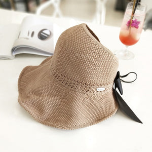 Fashion Bow Sun Hats Women Ponytail Sun Cap Ribbon Knitted Raffia Hat For Women UV Protction gorras Female Beach Hat