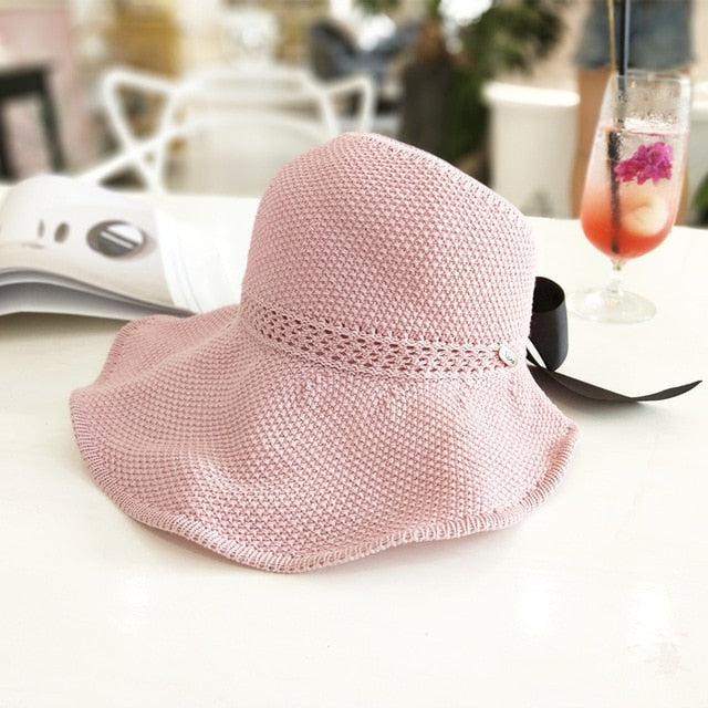 Fashion Bow Sun Hats Women Ponytail Sun Cap Ribbon Knitted Raffia Hat For Women UV Protction gorras Female Beach Hat