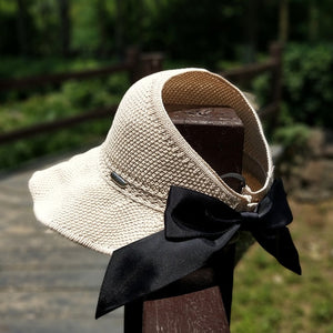 Fashion Bow Sun Hats Women Ponytail Sun Cap Ribbon Knitted Raffia Hat For Women UV Protction gorras Female Beach Hat
