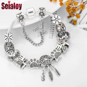 Fashion Bear Palm Dreamcatcher Feather Charm Bracelets For Women Men Original Crystal Flowers LOVE Beaded Bangle Gift