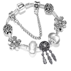 Fashion Bear Palm Dreamcatcher Feather Charm Bracelets For Women Men Original Crystal Flowers LOVE Beaded Bangle Gift
