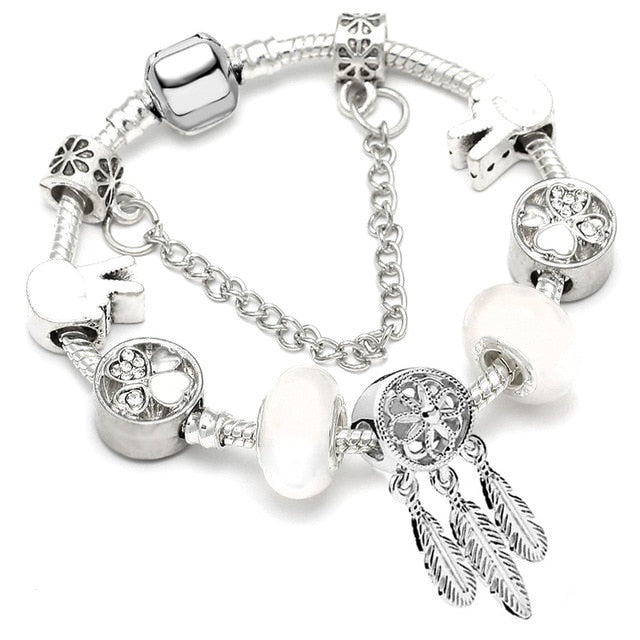 Fashion Bear Palm Dreamcatcher Feather Charm Bracelets For Women Men Original Crystal Flowers LOVE Beaded Bangle Gift