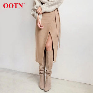 OOTN Khaki Suede Long Skirt Women Autumn Winter Casual Wrap Skirt Lace Up Women High Waist Midi Skirt Office Ladies Elegant 2019