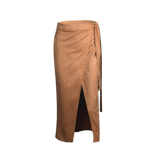 OOTN Khaki Suede Long Skirt Women Autumn Winter Casual Wrap Skirt Lace Up Women High Waist Midi Skirt Office Ladies Elegant 2019