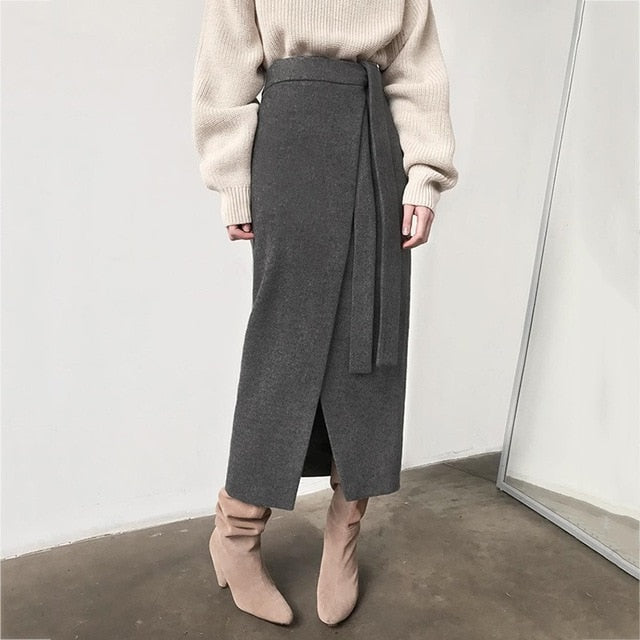 OOTN Khaki Suede Long Skirt Women Autumn Winter Casual Wrap Skirt Lace Up Women High Waist Midi Skirt Office Ladies Elegant 2019