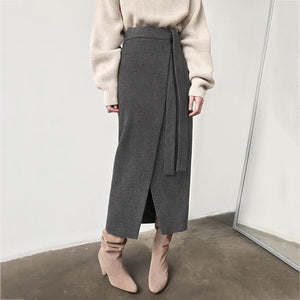 OOTN Khaki Suede Long Skirt Women Autumn Winter Casual Wrap Skirt Lace Up Women High Waist Midi Skirt Office Ladies Elegant 2019