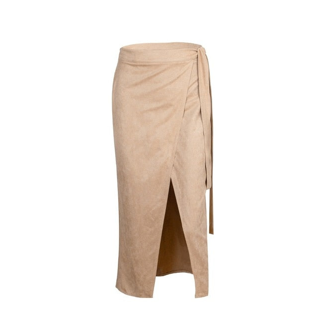 OOTN Khaki Suede Long Skirt Women Autumn Winter Casual Wrap Skirt Lace Up Women High Waist Midi Skirt Office Ladies Elegant 2019