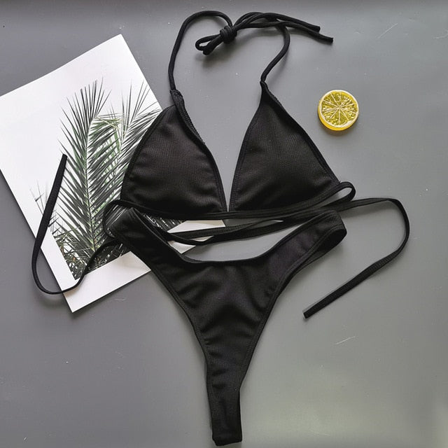 Brazilian Girls Swimming Suits Bikini Small Cup+ High Cut Style Beach Biquini Solid Black/White Micro Swim Suits Thong Bikinis