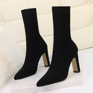 Plus Size High Heel Boots Sock Women 2020 Flock Shoes Sexy Party Thick Heel Ankle Booties Female Winter Pointed Toe Boots Shoes