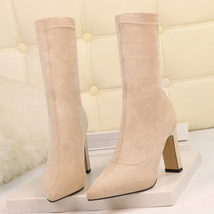 Plus Size High Heel Boots Sock Women 2020 Flock Shoes Sexy Party Thick Heel Ankle Booties Female Winter Pointed Toe Boots Shoes