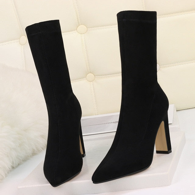 Plus Size High Heel Boots Sock Women 2020 Flock Shoes Sexy Party Thick Heel Ankle Booties Female Winter Pointed Toe Boots Shoes