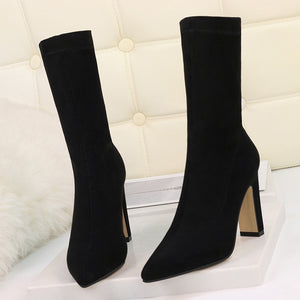 Plus Size High Heel Boots Sock Women 2020 Flock Shoes Sexy Party Thick Heel Ankle Booties Female Winter Pointed Toe Boots Shoes
