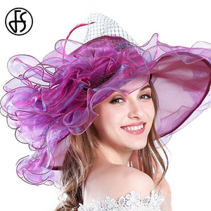 FS Purple Red Big Hats For Women Summer Beach Wide Brim Fedora Elegant Church Hats Flower Kentucky Derby Large Sun Hat Ladies