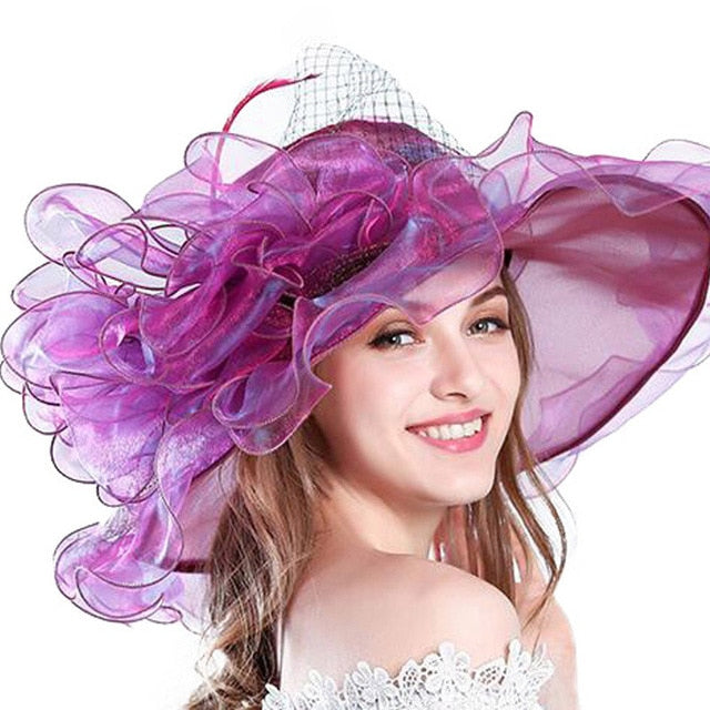 FS Purple Red Big Hats For Women Summer Beach Wide Brim Fedora Elegant Church Hats Flower Kentucky Derby Large Sun Hat Ladies