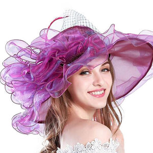 FS Purple Red Big Hats For Women Summer Beach Wide Brim Fedora Elegant Church Hats Flower Kentucky Derby Large Sun Hat Ladies