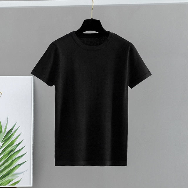 GIGOGOU Basic Cotton Summer T Shirt Women Knitted Short Sleeves Tee Shirt High Elasticity Breathable O Neck Female Top Tshirt