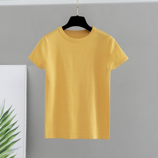 GIGOGOU Basic Cotton Summer T Shirt Women Knitted Short Sleeves Tee Shirt High Elasticity Breathable O Neck Female Top Tshirt