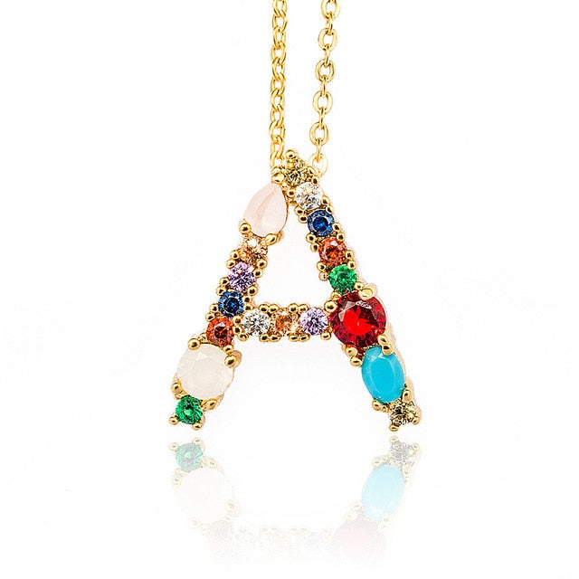 Gold Color A-Z 26 Initial Letters CZ Necklace Multicolor Zircon Rhinestone Pave Alphabet Pendant Fashion Name Jewelry Gift