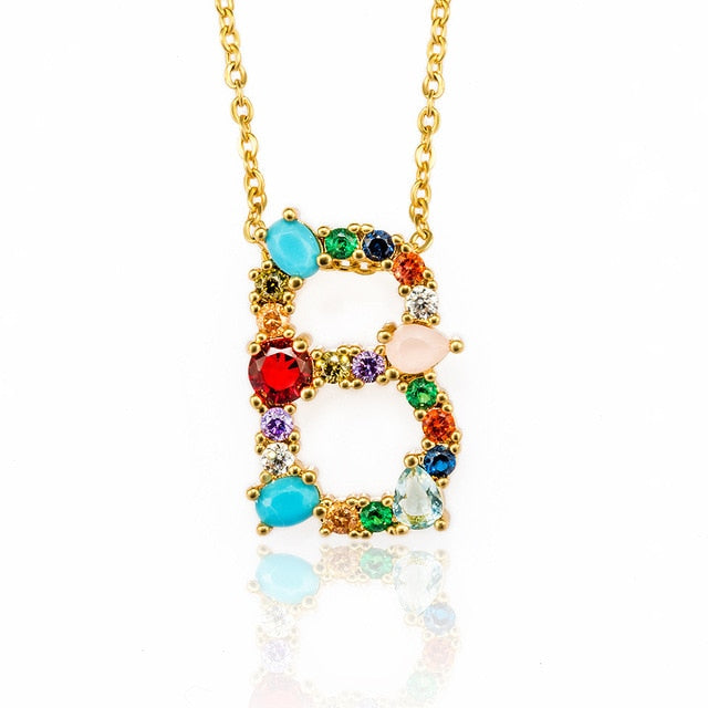 Gold Color A-Z 26 Initial Letters CZ Necklace Multicolor Zircon Rhinestone Pave Alphabet Pendant Fashion Name Jewelry Gift
