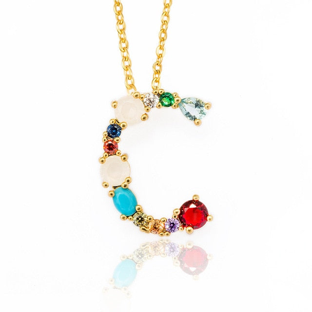 Gold Color A-Z 26 Initial Letters CZ Necklace Multicolor Zircon Rhinestone Pave Alphabet Pendant Fashion Name Jewelry Gift