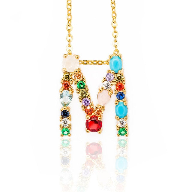 Gold Color A-Z 26 Initial Letters CZ Necklace Multicolor Zircon Rhinestone Pave Alphabet Pendant Fashion Name Jewelry Gift