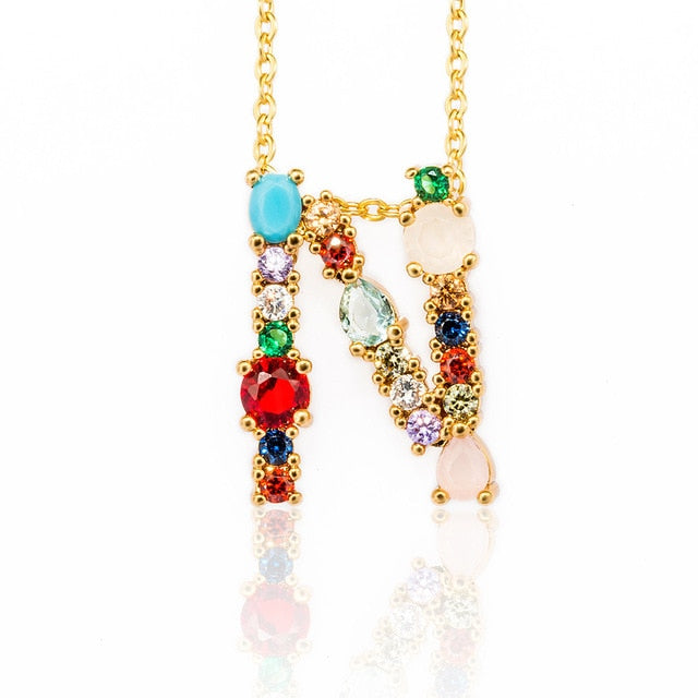 Gold Color A-Z 26 Initial Letters CZ Necklace Multicolor Zircon Rhinestone Pave Alphabet Pendant Fashion Name Jewelry Gift