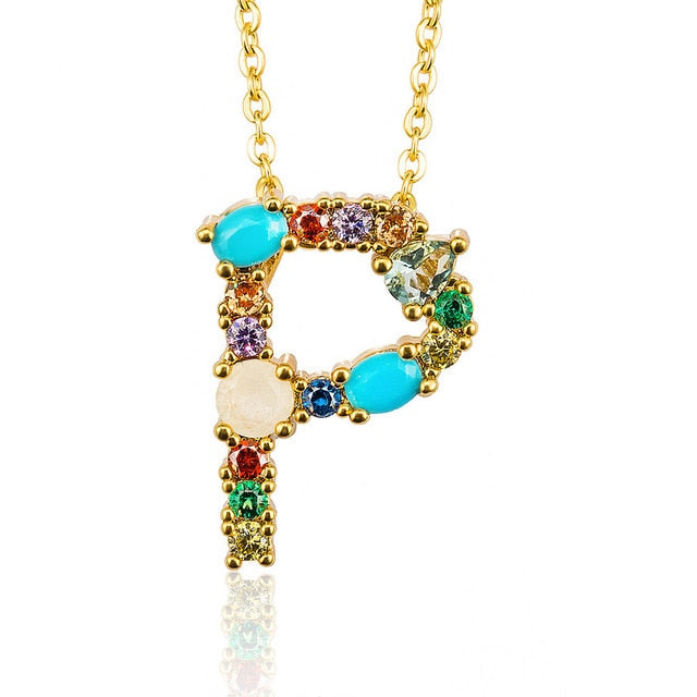 Gold Color A-Z 26 Initial Letters CZ Necklace Multicolor Zircon Rhinestone Pave Alphabet Pendant Fashion Name Jewelry Gift