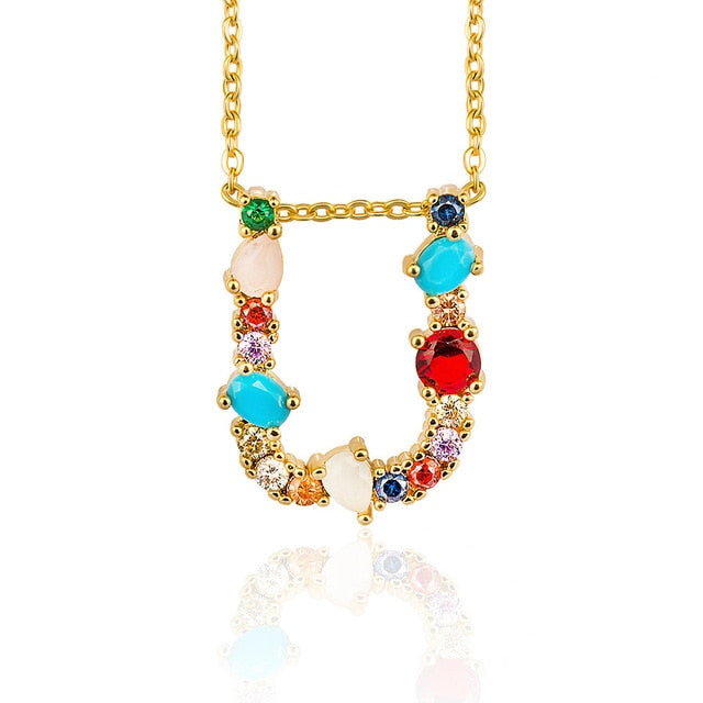 Gold Color A-Z 26 Initial Letters CZ Necklace Multicolor Zircon Rhinestone Pave Alphabet Pendant Fashion Name Jewelry Gift