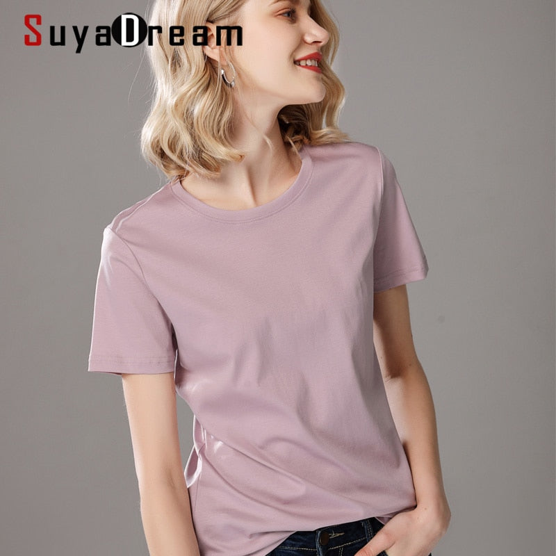 SuyaDream Women Solid T shirts Cotton and Silk mix Plain O neck Short Sleeved Shirts 2020 Summer Candy Colors Basic Top