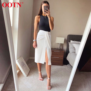 OOTN Ladies White Ruched High Waist Skirt Asymmetrical Lace Up Summer Skirt Casual Sexy Split Women Long Skirt Holiday Beach