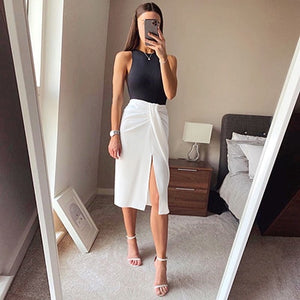 OOTN Ladies White Ruched High Waist Skirt Asymmetrical Lace Up Summer Skirt Casual Sexy Split Women Long Skirt Holiday Beach