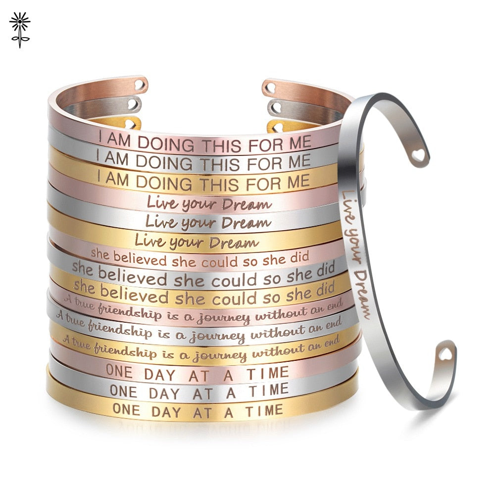 Rose Gold color Laser Engraved Cuff Positive Inspirational Quote Bangles Mantra Bracelets Anniversary Gifts for women SL-009