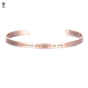 Rose Gold color Laser Engraved Cuff Positive Inspirational Quote Bangles Mantra Bracelets Anniversary Gifts for women SL-009