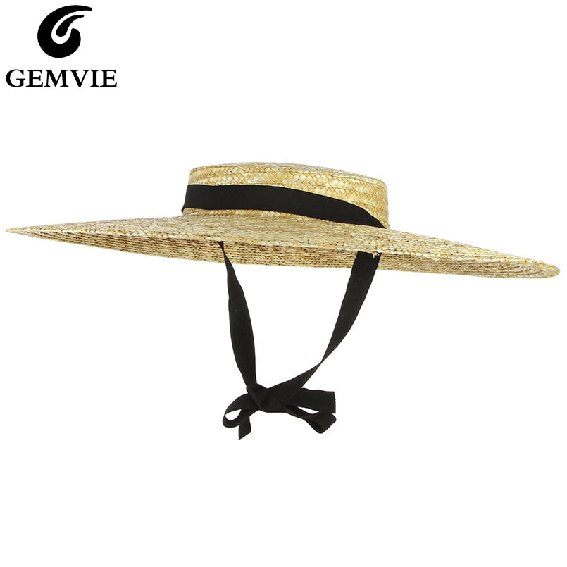 GEMVIE New Large Brim Straw Hat Summer Hats For Women Ribbon Beach Cap Boater Flat Top Sun Hat