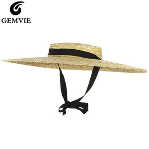 GEMVIE New Large Brim Straw Hat Summer Hats For Women Ribbon Beach Cap Boater Flat Top Sun Hat