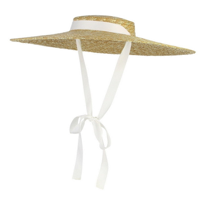 GEMVIE New Large Brim Straw Hat Summer Hats For Women Ribbon Beach Cap Boater Flat Top Sun Hat