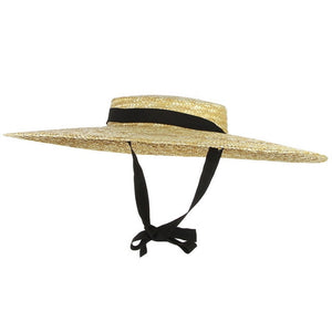 GEMVIE New Large Brim Straw Hat Summer Hats For Women Ribbon Beach Cap Boater Flat Top Sun Hat