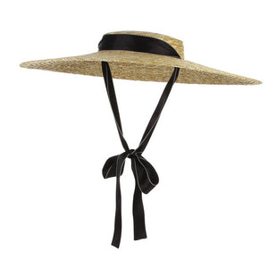 GEMVIE New Large Brim Straw Hat Summer Hats For Women Ribbon Beach Cap Boater Flat Top Sun Hat