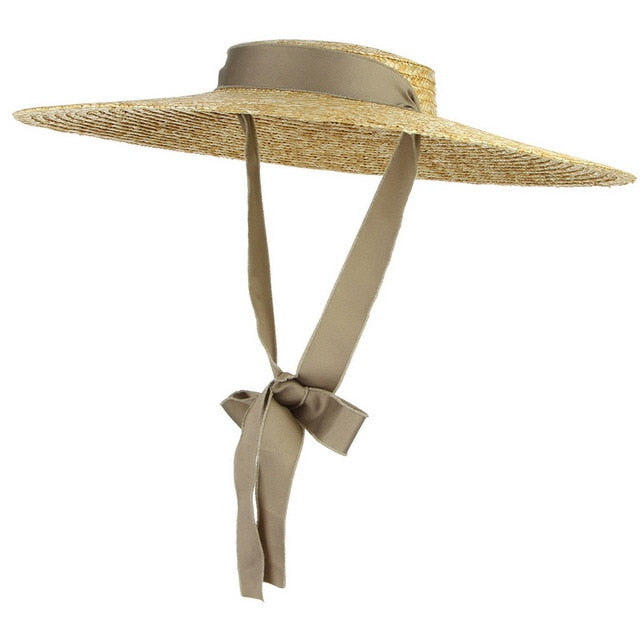 GEMVIE New Large Brim Straw Hat Summer Hats For Women Ribbon Beach Cap Boater Flat Top Sun Hat