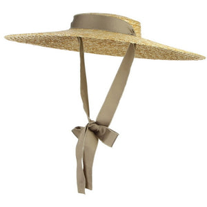 GEMVIE New Large Brim Straw Hat Summer Hats For Women Ribbon Beach Cap Boater Flat Top Sun Hat