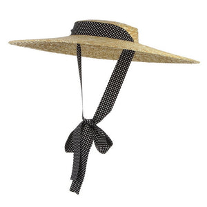 GEMVIE New Large Brim Straw Hat Summer Hats For Women Ribbon Beach Cap Boater Flat Top Sun Hat