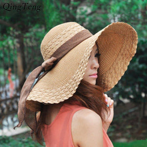 2020 New Wide Brim Summer Hats For Women Vacation Leisure Beach Hat Ribbon Bow Sun Visor Straw Hat Panama Woman's Sun Caps