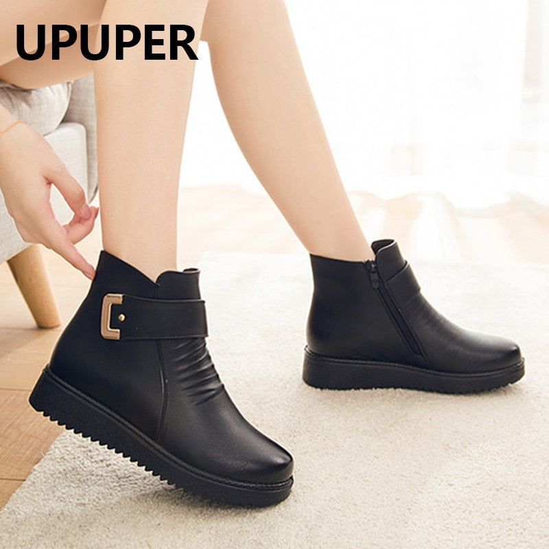 UPUPER Black Wedge Womens Winter Boots Non-slip Warm Fur Ankle Boots Women Cheap Leather Boots For Mother Winter Shoes Famale