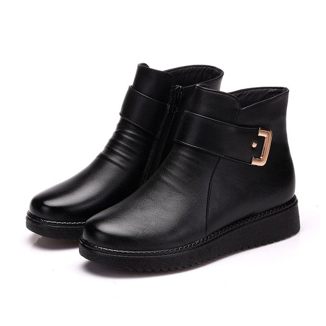UPUPER Black Wedge Womens Winter Boots Non-slip Warm Fur Ankle Boots Women Cheap Leather Boots For Mother Winter Shoes Famale