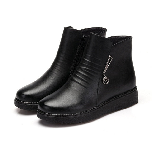 UPUPER Black Wedge Womens Winter Boots Non-slip Warm Fur Ankle Boots Women Cheap Leather Boots For Mother Winter Shoes Famale